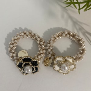 Black or White Floral Beads Hair Tie, Suede Bag Included,  Metal  pearl Hair Tie, Wedding Hair Accessories | Simplimvly