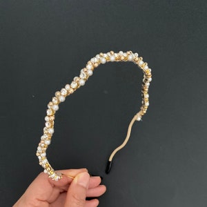 luxury Pearl Rhinestone Headband, Creamy & Gold Pearl Headband, Embellished Thin Headband, Creamy Headband for Wedding, Birthday| Simplimvly