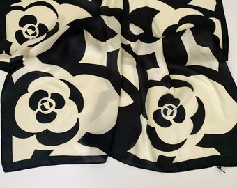 Black Camellia Floral Square Scarf , Luxury Headscarf, Satin Silk Square Wrap, Shawl  | Simplimvly