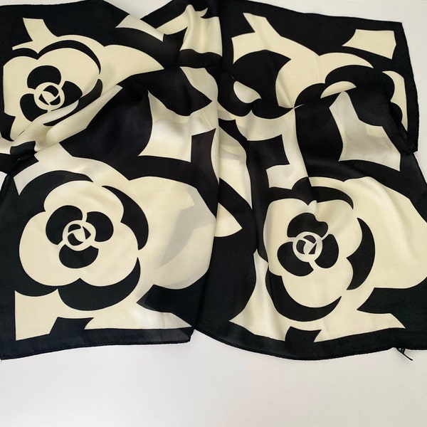 Black Camellia Floral Square Scarf , Luxury Headscarf, Satin Silk Square Wrap, Shawl  | Simplimvly