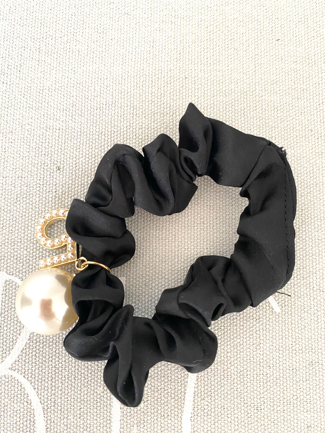 Black Pearl Hair Tie,black Chiffon Scrunchie,wedding Pear Hair Tie, Big