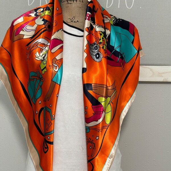 Large Vivid Orange Square Scarf, Luxury Designer Scarf, Shiny Orange Square Scarf | Simplimvly