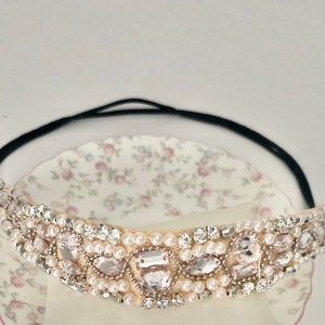 Retro  Pearl Rhinestone Headband, Crystal Beads Headband, Lace Headband,  CreamBeige Headband for Wedding,Birthday | Simplimvly