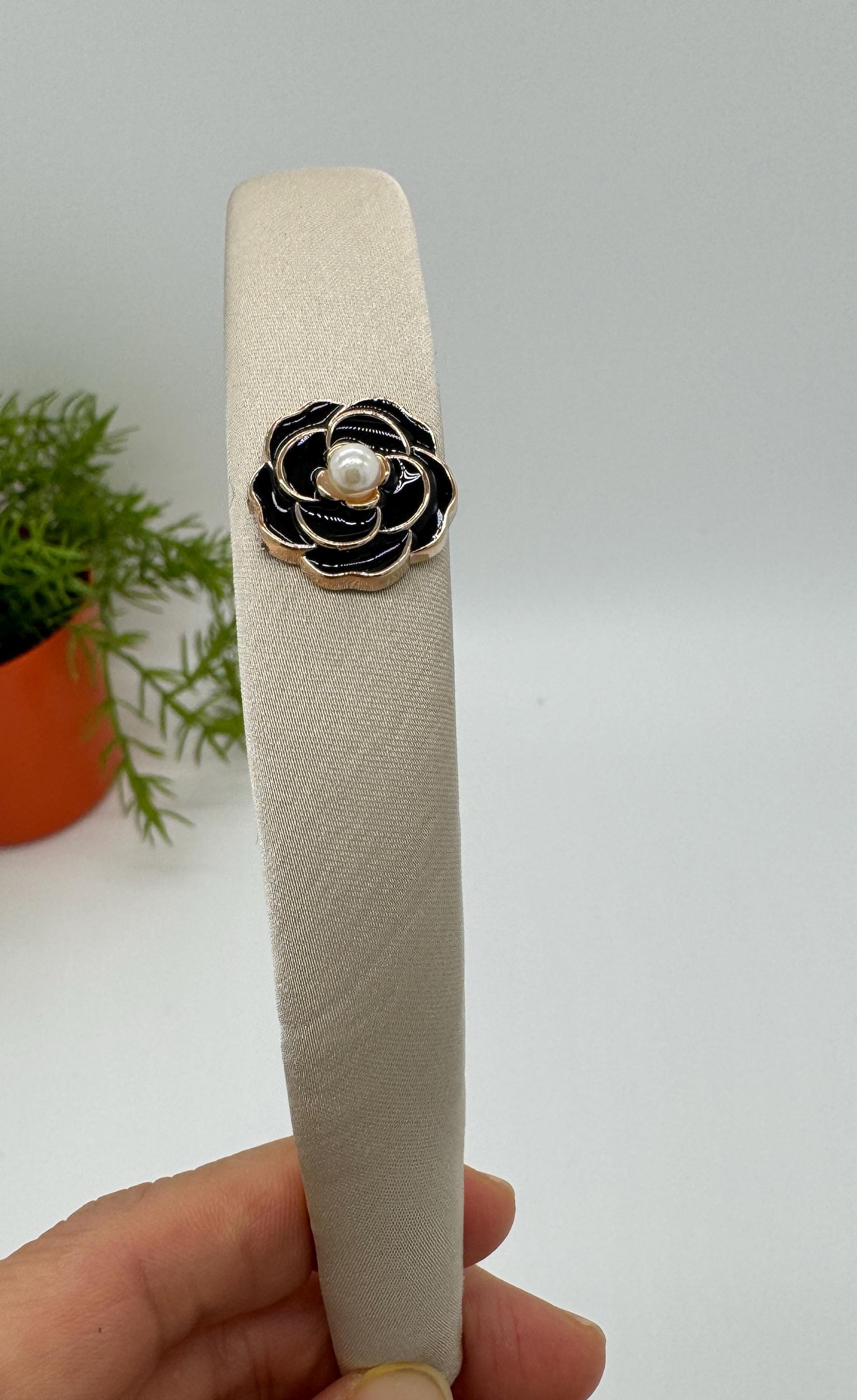 White Camellia Handcrafted Headband Chanel Black Satin White Camellia Headband — Mia Luxury Vintage main image 3