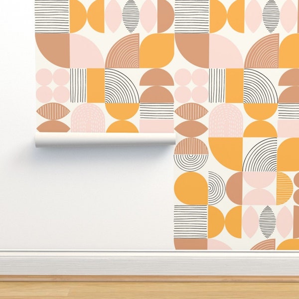 70s Wallpaper, Midcentury Wallpaper, Earth Tone Wall Art, Geometric Shapes, Seventies Wallpaper, Modern Art Wallpaper, Ogee Retro Wallpaper