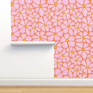 Pink Floral Wallpaper, 70s Wallpaper Floral, Retro Wallpaper Pink, Orange Flower Peel and Stick, Removable Wallpaper, Art Deco Wallpaper