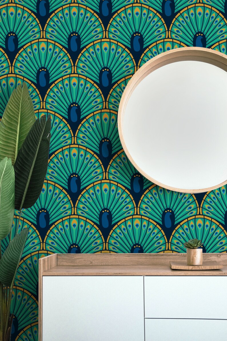 Peacock Wallpaper Art Nouveau Wallpaper 20s Art Deco Etsy
