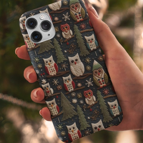 3D Felt Christmas Owl Phone Case, Cute Holiday Knit Woodland Animals, iPhone 13 14 15 Pro Max, Samsung Galaxy S22 S23 Ultra, Google Pixel