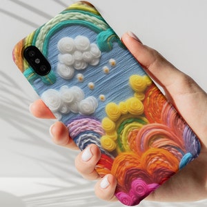 3D Rainbow Knit Embroidery Phone Case, Colorful Wavy Tough Case for iPhone 13 14 15 Pro, Samsung Galaxy S22 S23 Ultra, Google Pixel 6 7