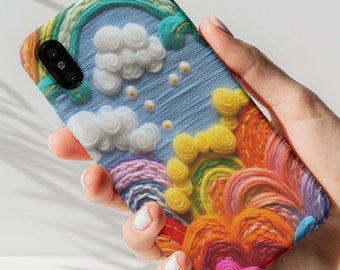 3D Rainbow Knit Embroidery Phone Case, Colorful Wavy Tough Case for iPhone 13 14 15 Pro, Samsung Galaxy S22 S23 Ultra, Google Pixel 6 7