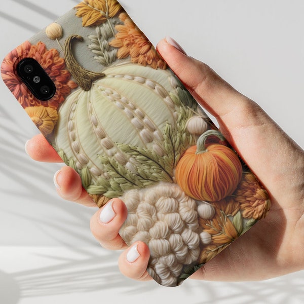 3D Embroidered Pumpkin Cottagecore Fall Phone Case, Autumn Cover for iPhone 13 14 15 Pro, Google Pixel, Samsung S22 S23, Stocking Stuffer