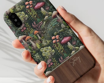 Embroidered Mushroom Effect Cottagecore Phone Case, Custom Name Phone, Toadstool Cover for iPhone 14 15 Pro, Google Pixel, Samsung S22 S23