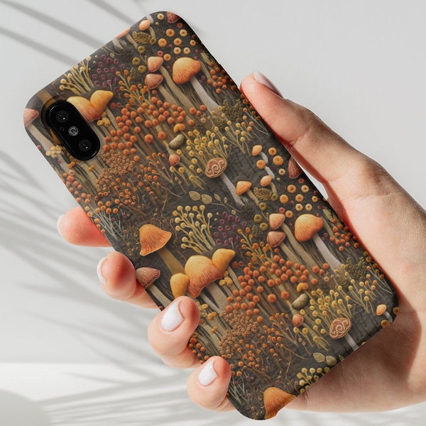 Embroidered Felt Mushroom Cottagecore Phone Case, Autumn Fall Color Forest Foliage, iPhone 14 15 Pro Max, Google Pixel 7 8 Pro, Samsung