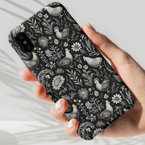 Vintage Floral and Chickens Phone Case, 3D Embroidered Country Boho Cottagecore Roosters, iPhone 14 15 Pro, Samsung Galaxy, Pixel 7 8 Pro