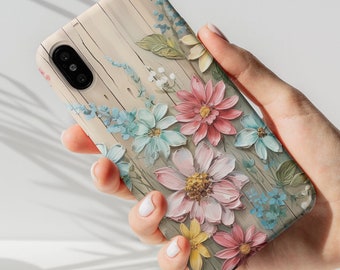 Fleurs peintes en 3D acrylique sur une planche de bois, coque de téléphone, coque florale personnalisée pour iPhone 13 14 15 Pro, Samsung, Google Pixel, bas de Noël