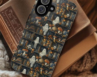 Bookish Ghost Phone Case: Dark Academia Bookshelf Skulls