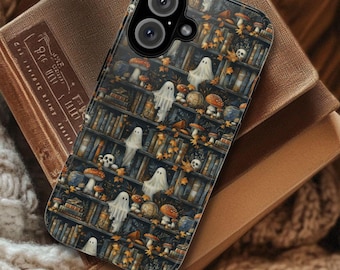 Bookish Ghost Phone Case: Dark Academia Bookshelf Skulls