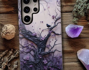Purple Goth Tree Phone Case: Spooky Full Moon Floral Cover