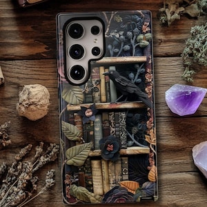 Gothic Raven Bookshelf Phone Case, Dark Academia Floral Books Design, Gift for Book Lover, iPhone 16 Plus Pro Max, Samsung, Pixel 9 Pro XL