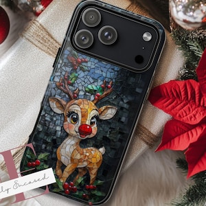 Christmas Phone Case, Reindeer Stained Glass Aesthetic, iPhone 14 15 16e 17 Air Pro Max, S23 S24 FE S25 Plus Ultra, Pixel 8 9a Pro XL
