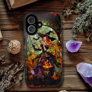Halloween Witch Phone Case, Stained Glass Effect, Spooky Purple Witchy Pumpkin Bats, Seasonal Fall Mosaic Cover for iPhone, Pixel, Samsung