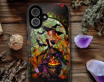 Halloween Witch Phone Case: Stained Glass Style, Spooky Bats