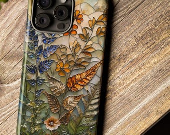 Fall Phone Case | Stained Glass Wildflowers and Ferns | iPhone, Samsung, Pixel