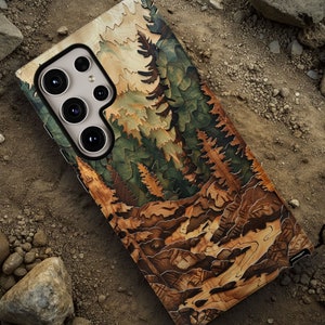 Faux Wood Phone Case, Cut Out Pine Tree Forest, Nature Outdoor Landscape, iPhone, Samsung, Pixel