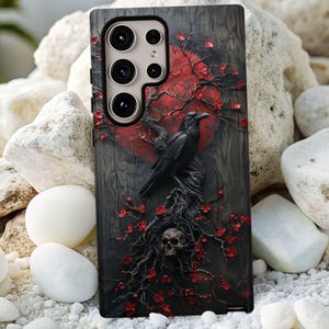 Goth Fantasy Raven Phone Case, Dark Academia Gothic Red and Black, Full Moon Skull Blossom, Faux Resin and Wood, iPhone, Samsung, Pixel