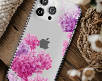 Hydrangea Clear Phone Case, Pink and Purple Florals