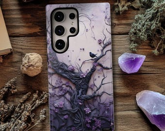 Purple Goth Tree Phone Case: Spooky Full Moon Floral Cover