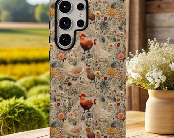 Floral Chickens Phone Case: Cottagecore Embroidered Effect