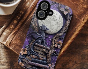 Purple Dragon Bookish Phone Case, Fantasy Book Lover Lover Gift, iPhone 14 15 16e Plus Pro Max, S23 S24 FE S25 Plus Ultra, Pixel 8 9 Pro XL