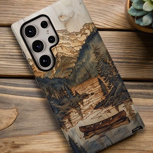 Wood Phone Case, Faux Wood Cutout Pine Tree Forest, Nature Outdoor Lake Canoe Landscape, iPhone 16 Plus Pro Max, S24 Ultra, Pixel 9 Pro XL