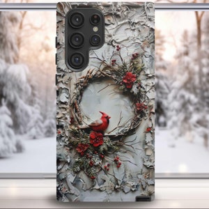 Christmas Cardinal Wreath Phone Case, Seasonal Winter Xmas Holiday Design, iPhone 16 Plus Pro Max, Samsung Galaxy, Pixel 6 7 8 9 Pro XL