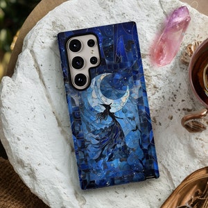 Witch Phone Case, Stained Glass Effect Witchy Moon and Bats, Celestial Wiccan Aesthetic, S24 FE S25 Plus Ultra, iPhone 16 Pro Max, Pixel