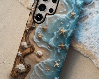 Beach Seashell Phone Case, Beachy Vibes, Faux Wood and Resin Oceanlife, Trendy Sand Starfish, Gift for Beach Lover, iPhone, Samsung, Pixel