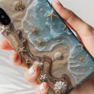 Beach Seashell Phone Case, Beachy Vibes, Faux Wood and Resin Oceanlife, Trendy Sand Starfish, Gift for Beach Lover, iPhone, Samsung, Pixel