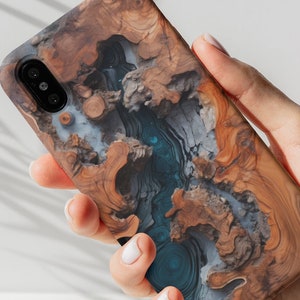 Faux Wood and Resin Phone Case, Blue Epoxy and Live Edge Wood Effect, iPhone 14 15 Pro Max, Samsung Galaxy S22 S23 Ultra, Google Pixel 7 8