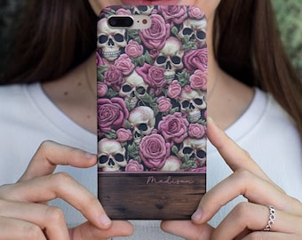 Embroidered 3D Floral Skeleton Phone Case, Personalized Name Phone Case, Rose and Skulls Cover for iPhone 14 15, Samsung S23, Google Pixel
