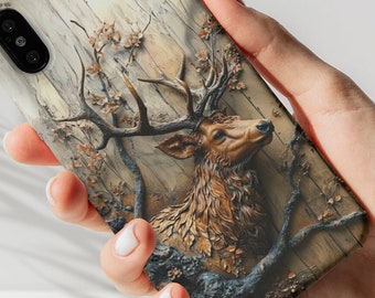 Elk Phone Case, Wildlife Game Deer Buck in Trees, Faux 3D Wood Effect, Gift for Hunter, iPhone Mini Pro Max, Samsung S23, Pixel 6a 7 8 Pro