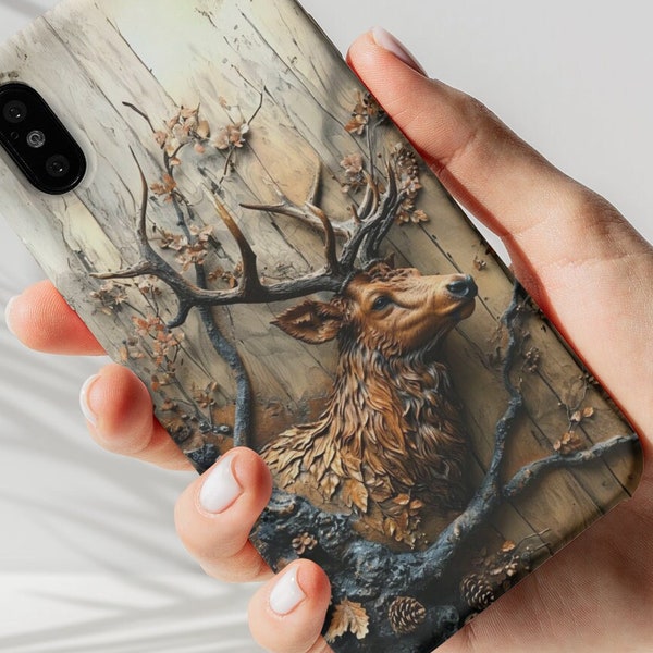 Elk Phone Case, Wildlife Game Deer Buck in Trees, Faux 3D Wood Effect, Gift for Hunter, iPhone Mini Pro Max, Samsung S23, Pixel 6a 7 8 Pro