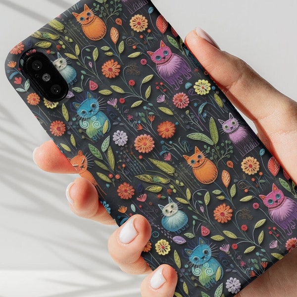 Cute Colorful Cats Floral Embroidered Phone Case, 3D Pet Cat in Flowers Embroidery Phone Cover, iPhone 15 Pro, Samsung Galaxy, Pixel 7 8 Pro