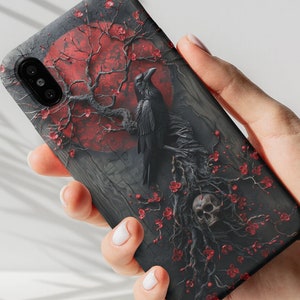 Goth Fantasy Raven Phone Case, Dark Academia Gothic Red and Black, Full Moon Skull Blossom, Faux Resin and Wood, iPhone, Samsung, Pixel image 1