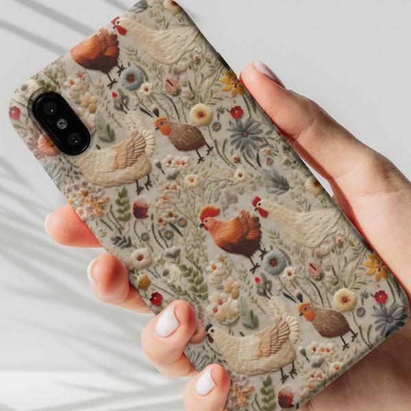 Vintage Floral and Chickens Phone Case, Embroidered Effect Country Cottagecore Roosters, iPhone 14 15 Pro, Samsung Galaxy, Pixel 7 8 Pro