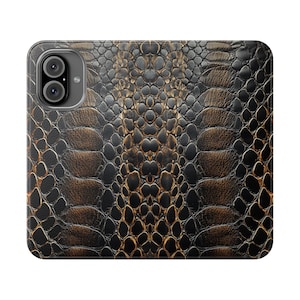 Funda tipo billetera de piel de serpiente marrón, funda tipo billetera con estampado de reptiles falsos, tarjetero plegable de cuero vegano, iPhone 12 13 14 15 16 Plus Pro Max, S21 S22
