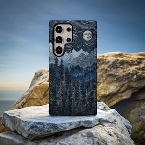 Mountain Landscape Phone Case, Faux Wood Pine Tree Forest, Night Moon Nature Outdoor Lover, iPhone 16 Plus Pro Max, S24 Ultra, Pixel 9 Pro