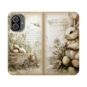 Étui portefeuille vert vintage avec lapin de Pâques, panier folio mignon oeufs de lapin, porte-cartes pliant en cuir végétalien, iPhone 12 13 14 15 16 Plus Pro Max