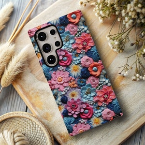 Colorful Floral Phone Case, Faux Embroidery Flowers, Garden Lover Gift, Samsung S25 Plus Ultra, S24FE, iPhone 16 Pro Max, Pixel 8 9 Pro XL