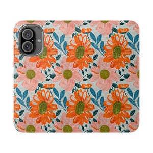 Funda para teléfono con billetera con diseño floral retro, diseño vintage con flores botánicas en naranja y rosa, tarjetero plegable de cuero vegano, iPhone 15 16 Plus Pro Max